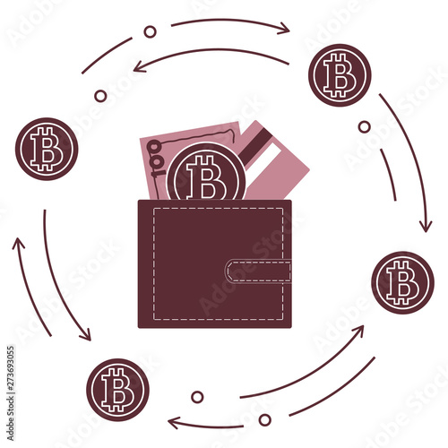 Purse with banknote, credit card and bitcoin.