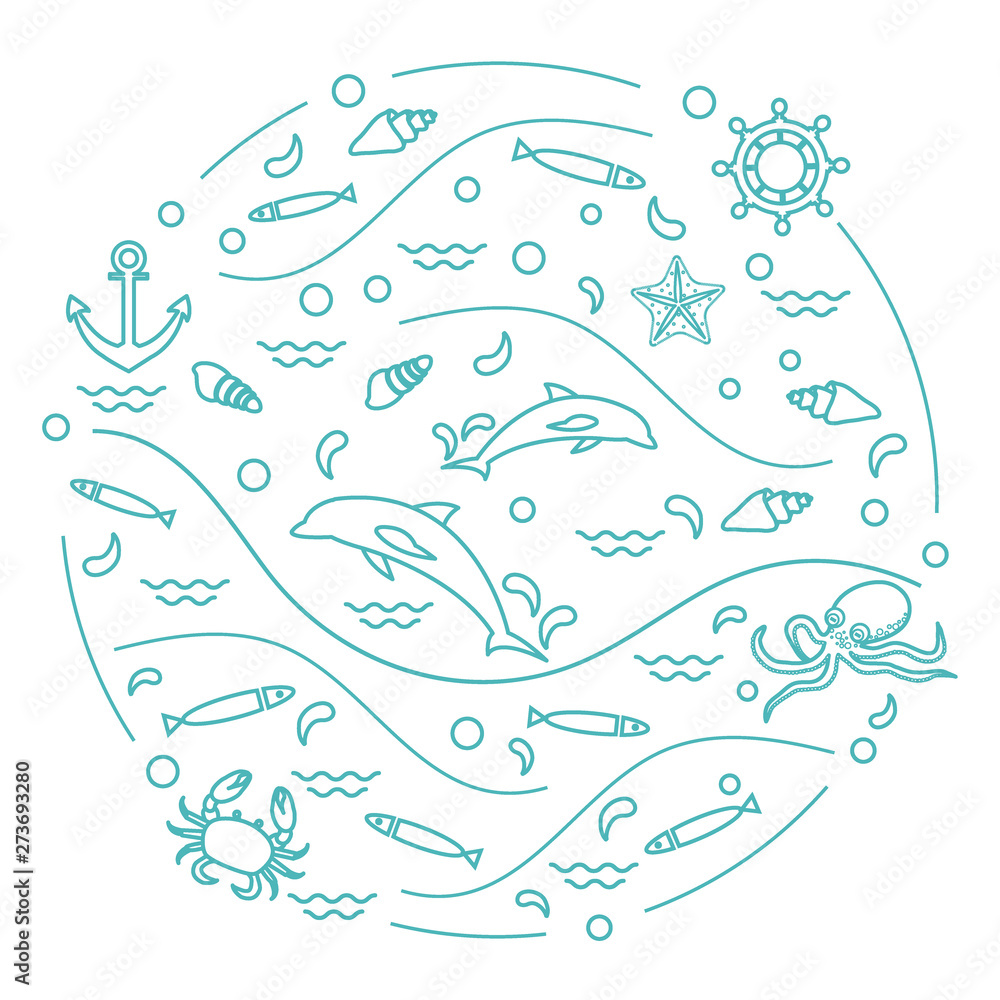 Cute vector illustration with dolphins, octopus, fish, anchor, helm, waves, seashells, starfish, crab arranged in a circle.