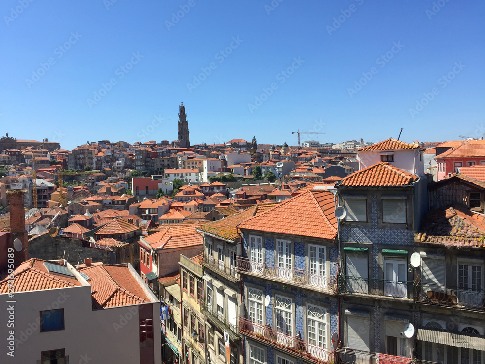 PORTO, PORTUGAL, JUNE 2018: view of the old city of Porto on the hills of the right bank of the Douro River