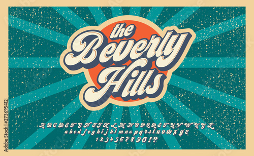 Bewerly Hills. Summer time. Retro 3d font in 80s style. Vintage typography. Summer font set.