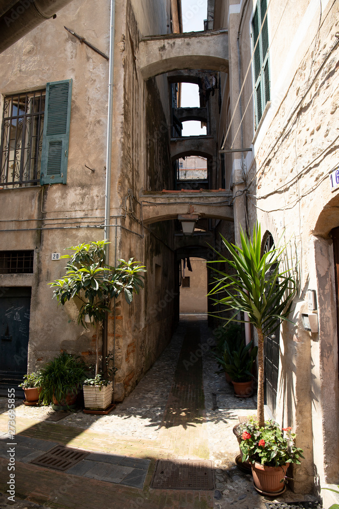 Albenga old street view, Italy.
