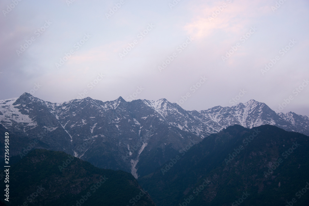 A beautiful view of the Dhauladhar Himalayan Range at Sunset at Kareri, Himachal Pradesh, India