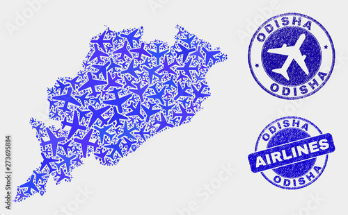Air plane vector Odisha State map composition and grunge watermarks. Abstract Odisha State map is formed from blue flat random air plane symbols and map pointers. Tourism scheme in blue colors,