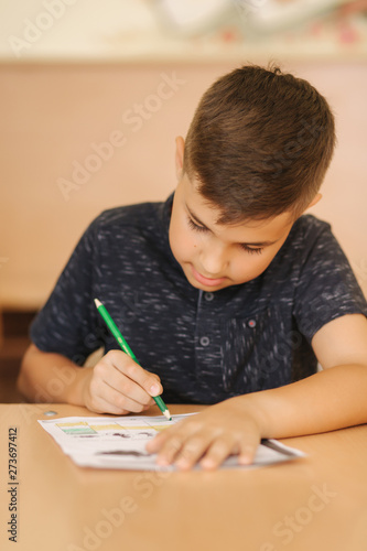 Concentrated schoolboy sitting at desk and writing in exercise book