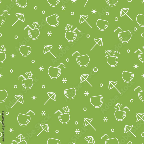 Cute seamless pattern with cocktail in half coconut, tube and umbrella. Travel and leisure.