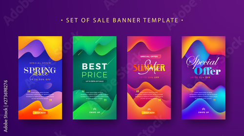 Set of social media stories sale banner design for spring, summer sale banner, and more. Trendy 3D design sales banners for your ads or stories on social media. Banner with gradient color composision. photo