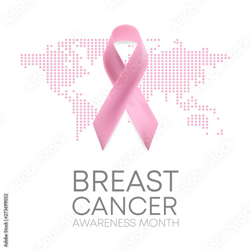 Realistic pink ribbon, breast cancer awareness symbol on pink wold map, vector illustration