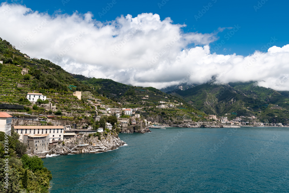 Amazing Amalfi coast, colorful hillside houses,  Mediterranean Sea, Italy