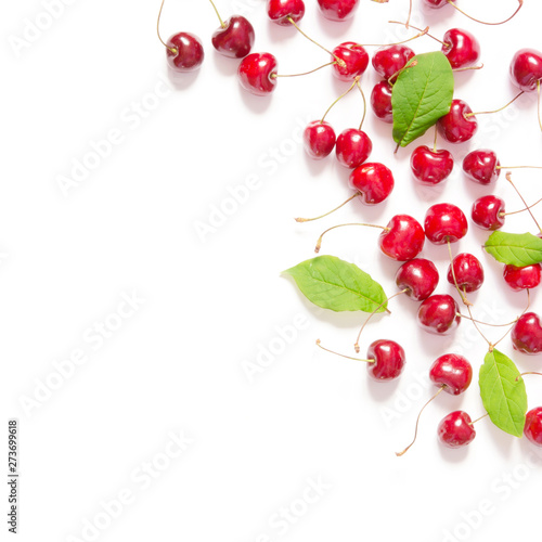 Creative fresh cherry pattern background with copy space. Food concept.  Top view. - Image