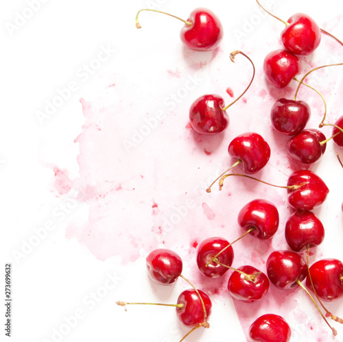 Creative fresh cherry pattern background with copy space. Food concept. Top view. - Image