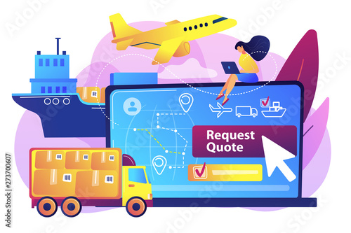 Customer choosing order delivery type, global distribution. Freight quote request, best shipping proposal, freight cost request form concept. Bright vibrant violet vector isolated illustration