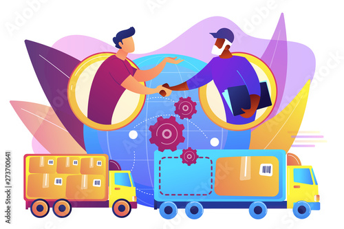 Worldwide shipping service, international distribution. Collaborative logistics, supply chain partners, freight cost optimization concept. Bright vibrant violet vector isolated illustration