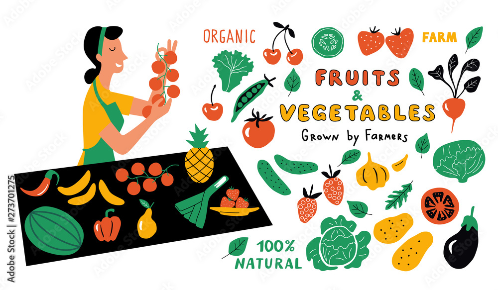 Fruits and vegetables funny doodle set. Cute cartoon woman, food market seller with farm products. Hand drawn vector illustration.