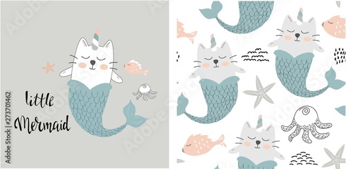 set of cute cat mermaid print and seamless pattern with cat mermaids. vector