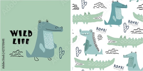 Photographie set of cute crocodile print and seamless pattern with crocodiles