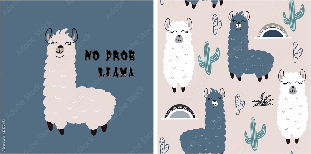 set-of-cute-llama-print-and-seamless-pattern-with-llamas-vector-stock-vector-adobe-stock