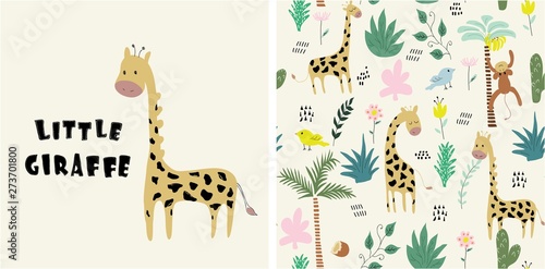 set of cute giraffe print and seamless pattern with giraffes.vector illustration