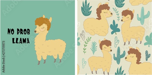 set of cute llama print and seamless pattern with llamas. vector