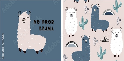 set of cute llama print and seamless pattern with llamas. vector