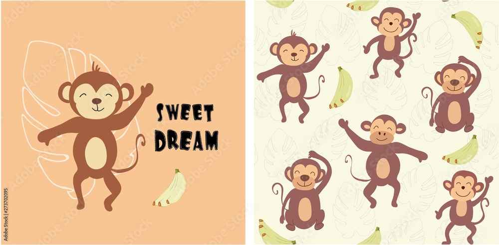 Naklejka premium set of monkey print and seamless pattern with monkeys.vector