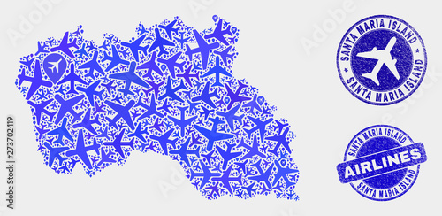 Airlines vector Santa Maria Island map composition and grunge seals. Abstract Santa Maria Island map is organized from blue flat scattered airlines symbols and map markers. Flight plan in blue colors,