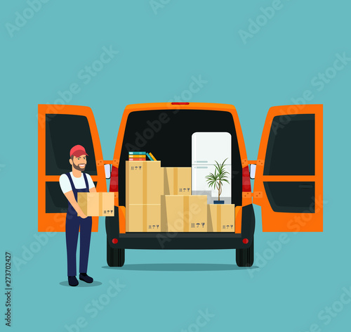 Things in box in the trunk of the cargo van. Man with cardboard boxes. Moving House. Vector flat style illustration.