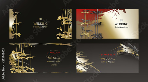 Tropical gold black leaves on vintage background vector. Botanical exotic horizontal design with golden tropic jungle creeper plant stem and paint smear. Wedding ceremony invitation card, holiday sale