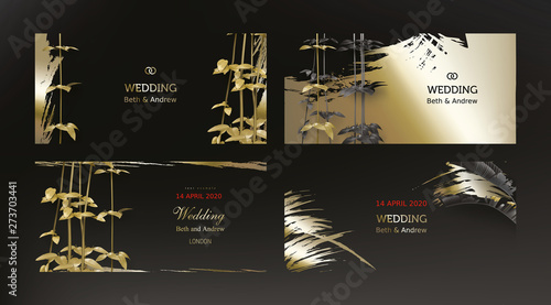 Tropical gold black leaves on vintage background vector. Botanical exotic horizontal design with golden tropic jungle creeper plant stem and paint smear. Wedding ceremony invitation card, holiday sale
