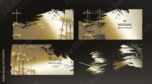 Tropical gold black leaves on vintage background vector. Botanical exotic horizontal design with golden tropic jungle creeper plant stem and paint smear. Wedding ceremony invitation card, holiday sale