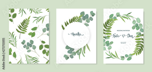 Set of floral card with eucalyptus leaves. Greenery frame.Rustic style. For wedding, birthday, party, save the date. Vector illustration. Watercolor style