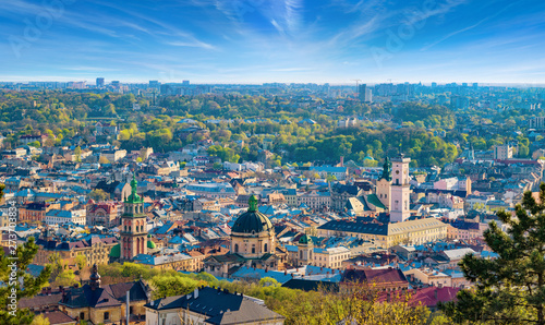 Panoramic aerial view of colourful houses in historical old district of Lviv, Ukraine photo