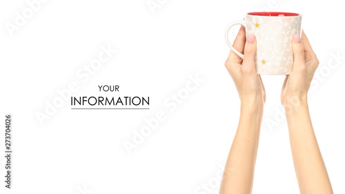 White red stars cup mug in hand arm raised up pattern on white background isolation © Kabardins photo