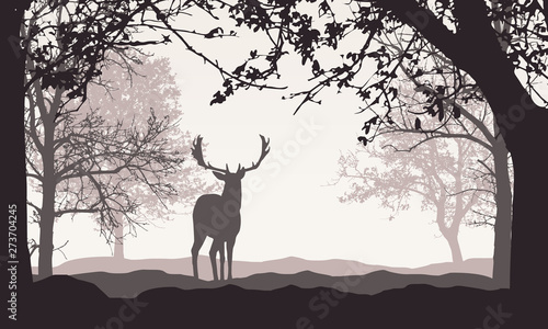 Realistic illustration of landscape with forest, trees and hills, under retro color sky with space for text. Standing deer, vector