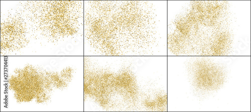 Set of Gold Glitter Texture Isolated on White. Golden Explosion of Confetti. Amber Particles Color. Celebratory Background. Vector Illustration, EPS 10.