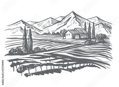 hand drawn image of village and landscape