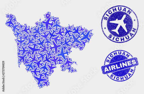 Aviation vector Sichuan Province map mosaic and scratched watermarks. Abstract Sichuan Province map is constructed from blue flat scattered aviation symbols and map pointers.