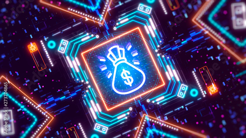 Sack full of money with dollar sign. Digital currency concept background