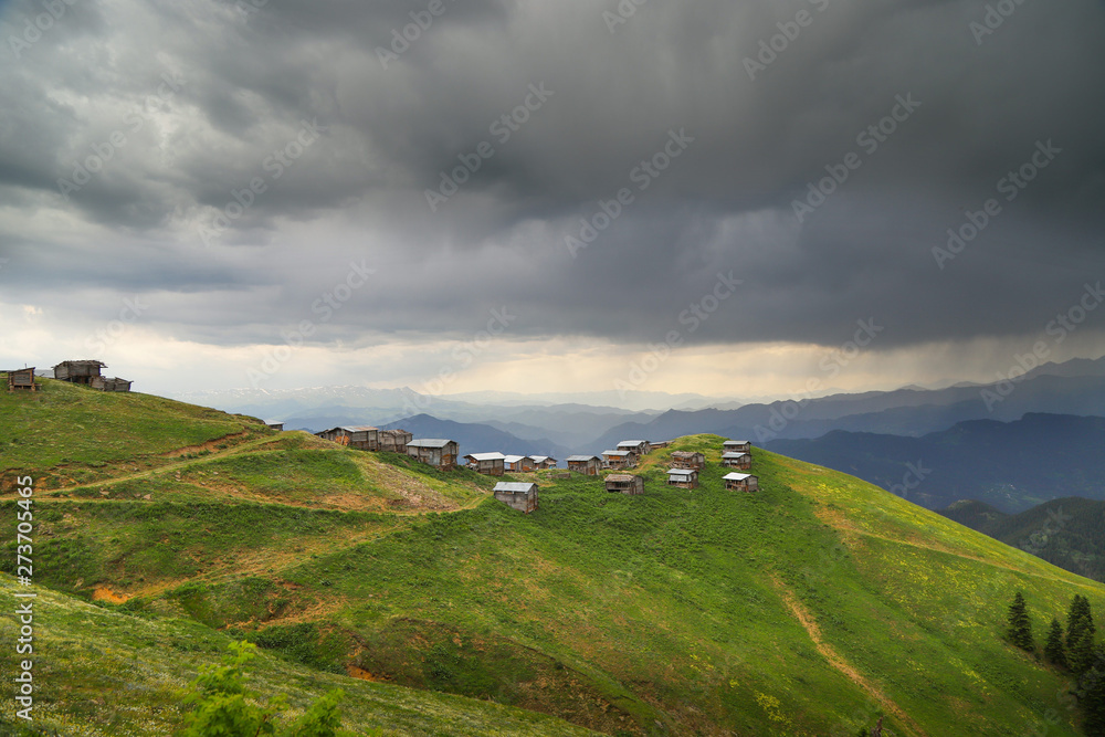 Fototapeta premium beautiful dark blue mountain landscape with fog and forest.artvin/turkey
