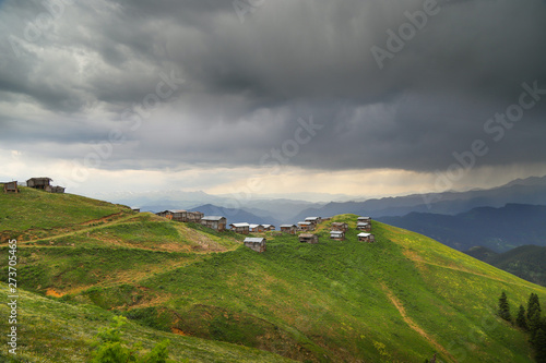 beautiful dark blue mountain landscape with fog and forest.artvin/turkey