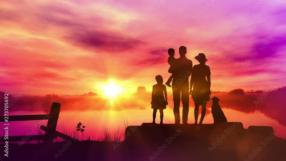 Family on wooden pier at sunset background Family on wooden pier at sunset background