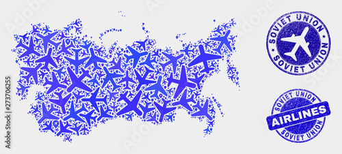 Air plane vector Soviet Union map composition and grunge stamps. Abstract Soviet Union map is designed from blue flat randomized air plane symbols and map markers. Transport scheme in blue colors,