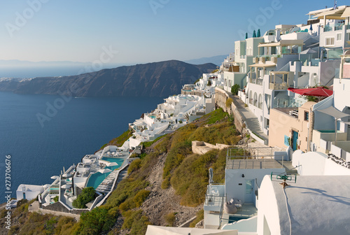 Traditional whitewashed buildings on a cliff of Santorini Island  Cyclades  Greece.