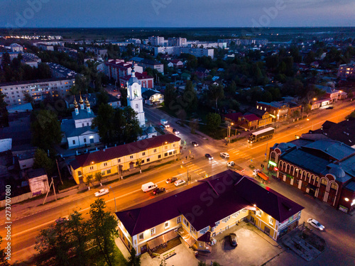 Night aerial view of Pokrov Cathedral of Intercession and M7 highway