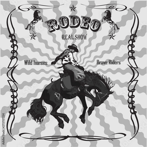  Vector banner poster with a cowboy horseman sitting on a wild horse mustang and the inscription rodeo on the background of wooden boards in retro style