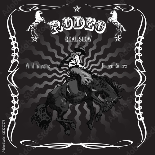 vector banner poster with a cowboy rider sitting on a wild horse mustang and the inscription rodeo on the background of wooden boards in retro style