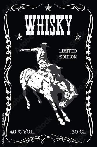 vector image of vintage label with a cowboy riding a wild horse for whiskey in art style