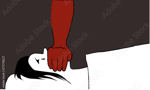 Female victim of domestic sexual abuse lying in her bed at night, male hand covering her mouth silencing her, EPS 8 vector illustration