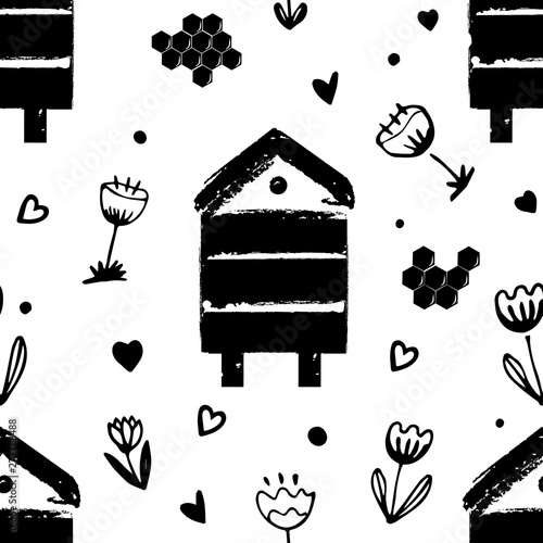 Vector nature seamless background with flowers, beehives, and honey combs. Doodle style cartoon floral illustration.