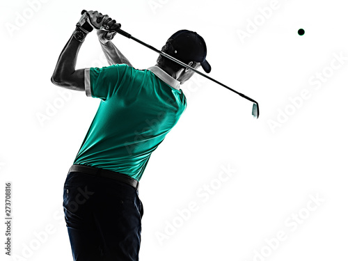 one young caucasian Man Golf golfer golfingshadow silhouette isolated on white background