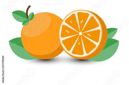 Orange fruits and half of fresh juicy citruses with green leaf isolated on white background.